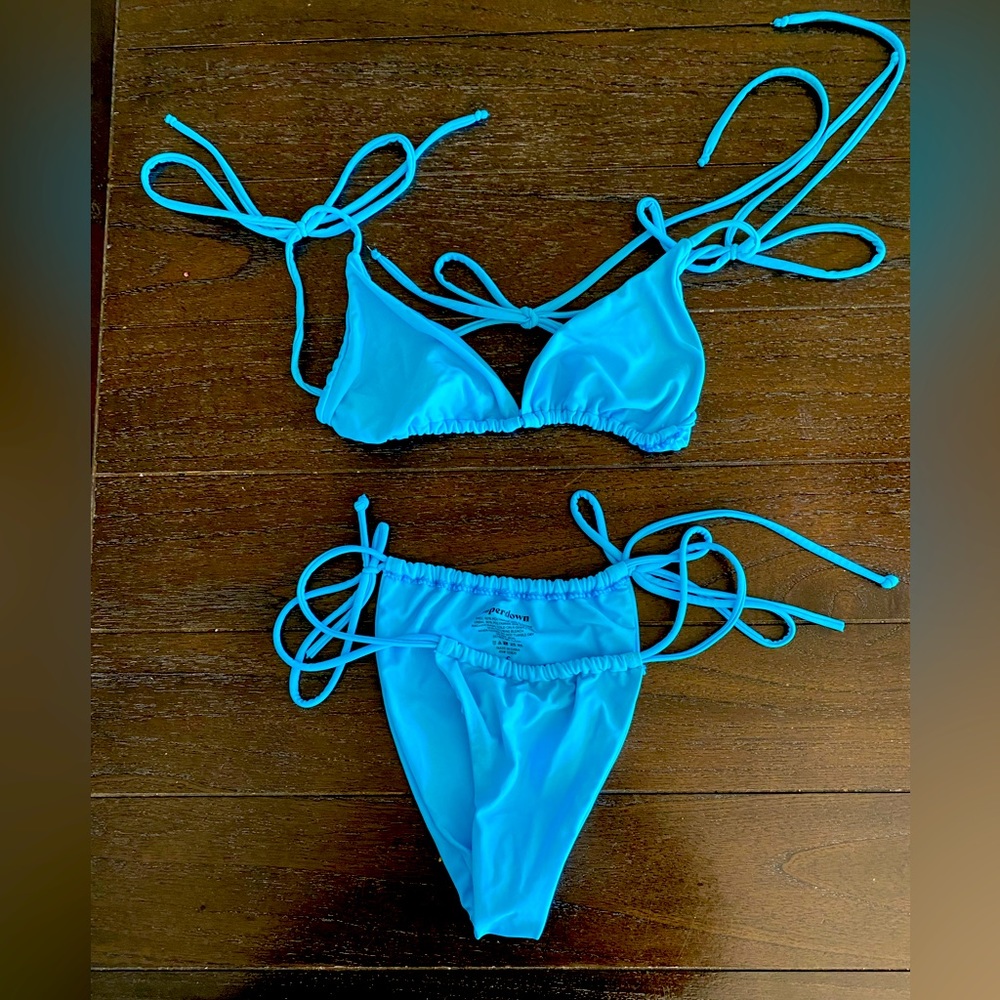Super down blue bikini; top is M, bottom is S